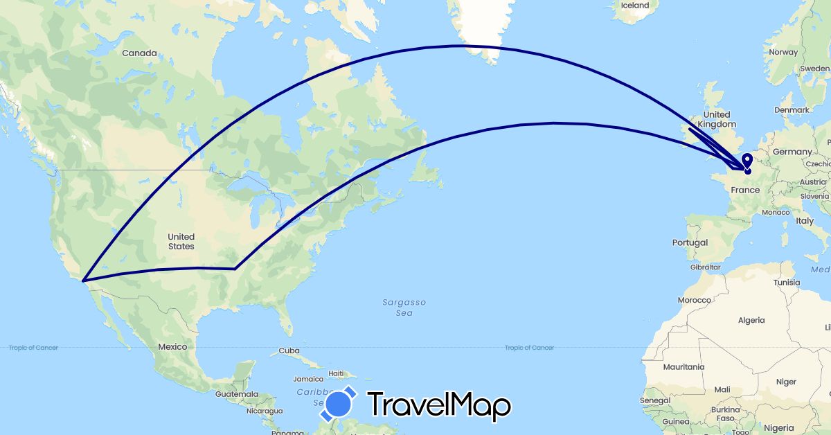TravelMap itinerary: driving in France, United Kingdom, Ireland, United States (Europe, North America)